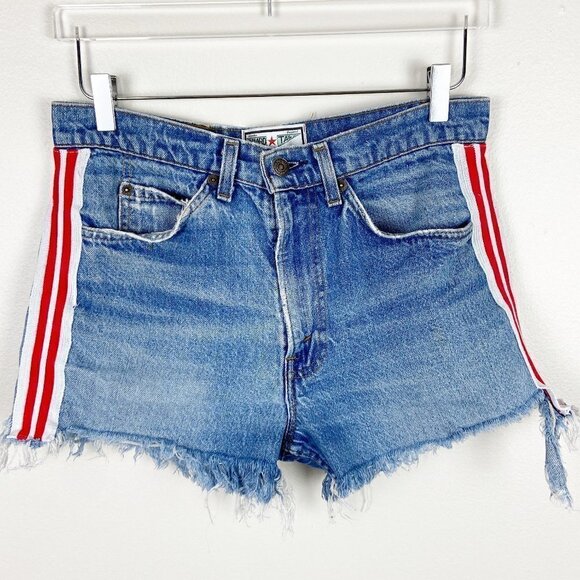 LEVI'S | Original Hard Tail Distressed Denim Cut-Off Shorts Side Stripe Medium - Picture 1 of 8
